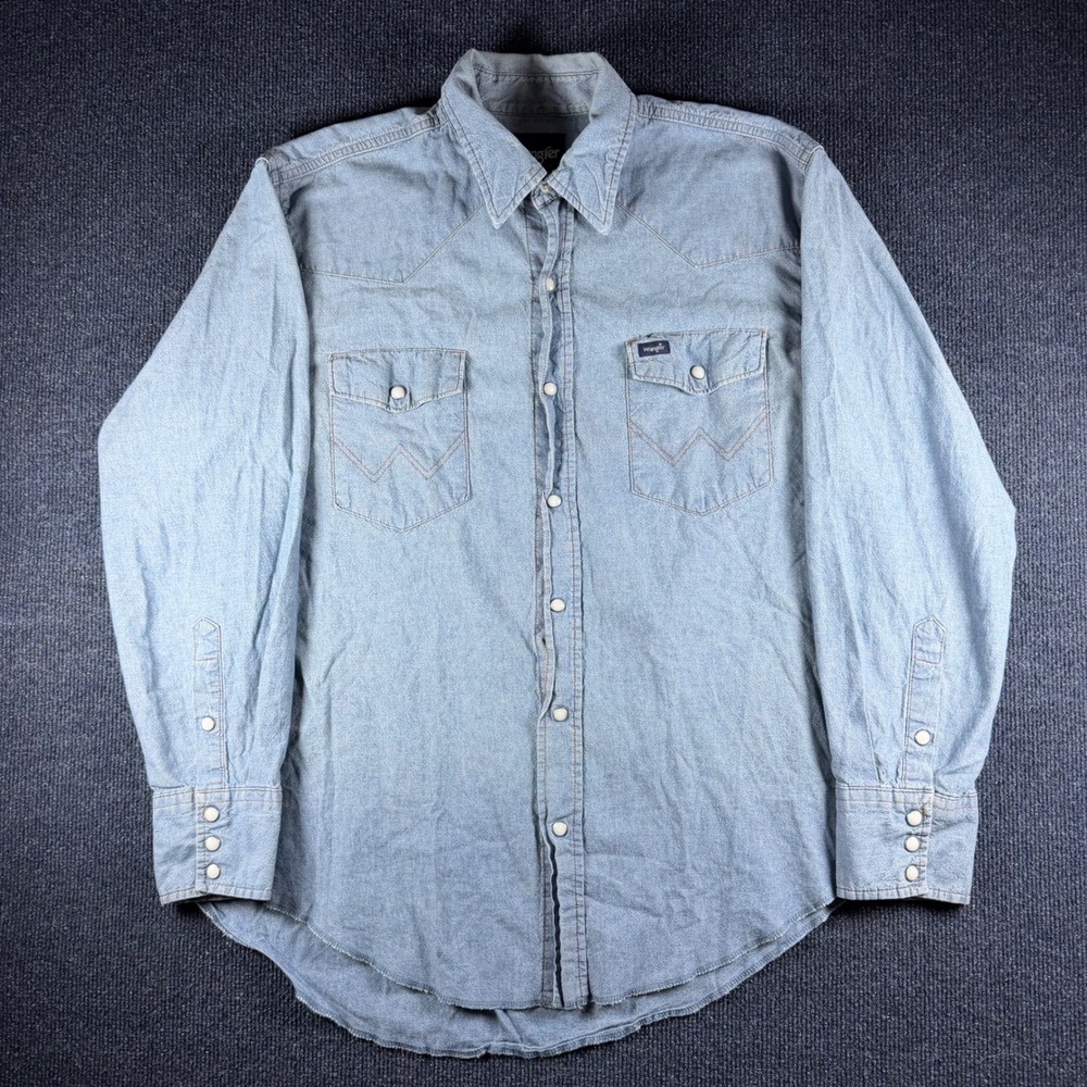 Wrangler Western Denim Shirt Mens L Light Wash Pearl Snap Long Sleeve